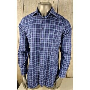 David Donahue Purple Blue Check Button Front Dress Shirt Long Sleeve Mens XL